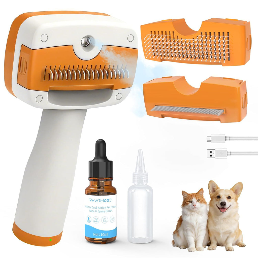 Pet Steam Brush for Dogs & Cats,5-in-1 Self-Cleaning Dog Steam Brush with 3 Swap-in Heads (Grooming, Dematting, Deshedding),Cat Spray Hair Removal Comb,Includes Pet Essence & Storage Bag
