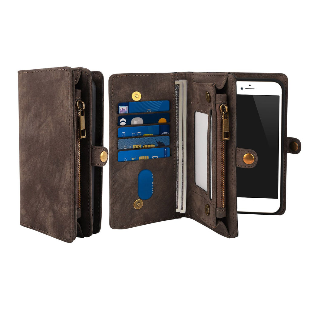 Phone Wallet Case For iOS Phone 8 Portable Wallet Case 2 in 1 Leather Zipper Magnetic Detachable 13 Card Slots Money Pocket Clutch Cover W/ID Widows