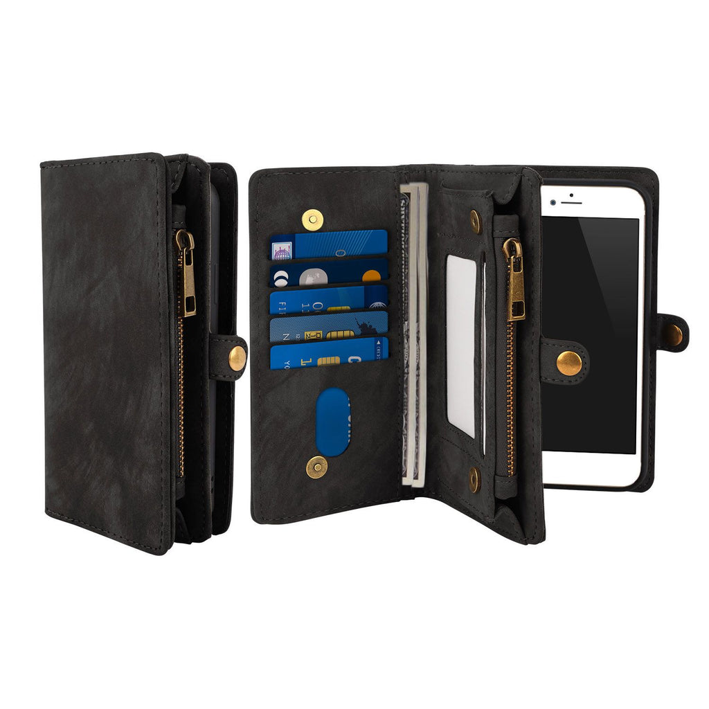 Phone Wallet Case For iOS Phone 8 Portable Wallet Case 2 in 1 Leather Zipper Magnetic Detachable 13 Card Slots Money Pocket Clutch Cover W/ID Widows