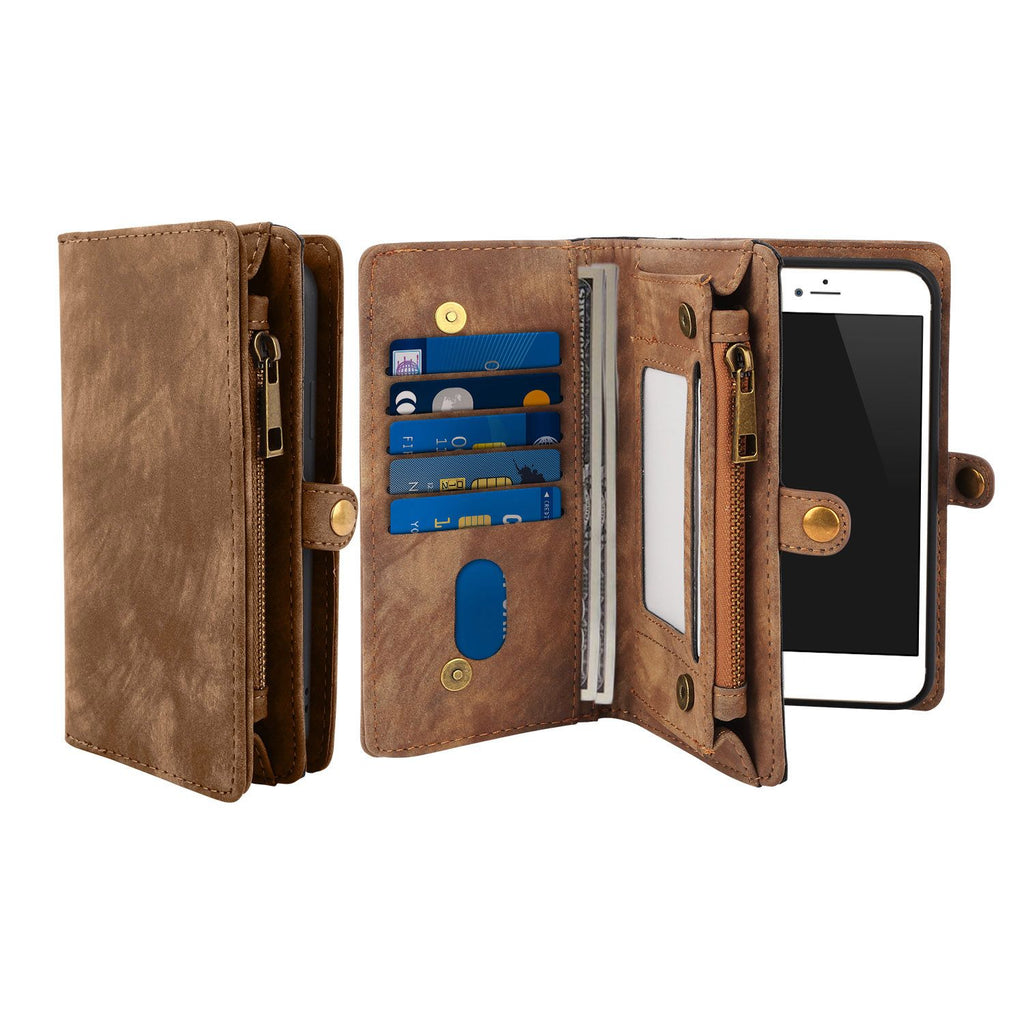 Phone Wallet Case For iOS Phone 8 Portable Wallet Case 2 in 1 Leather Zipper Magnetic Detachable 13 Card Slots Money Pocket Clutch Cover W/ID Widows