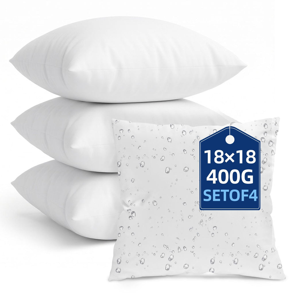 Pillow Inserts 18x18 Inch Set of 4, White Square Throw Pillow Form, 3D 7D PP Cotton Filling 400g Each, 100% Virgin Filling, Water-Resistant Cover for Bedroom Courtyard Outdoor Indoor Sofa Couch