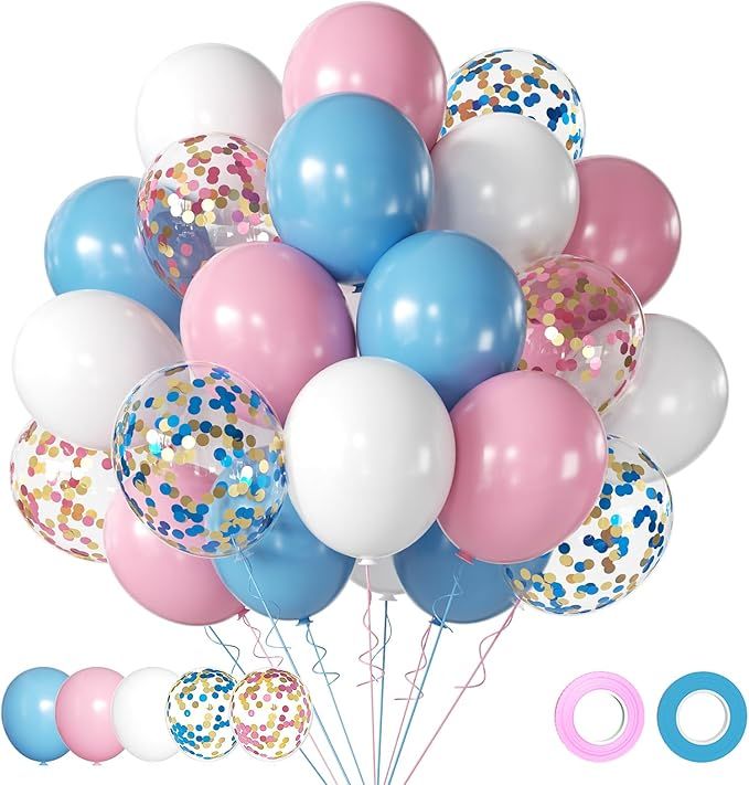 Pink and Blue Latex Balloons, 12 inch Blue Pink White Confetti Party Balloons For Birthday Party Decorations