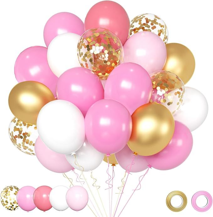 Pink and Gold Balloons Set, 50pcs 12 inch Pink White Gold Latex Balloons for Girl Birthday Wedding Bridal Shower Graduation Party Decoration