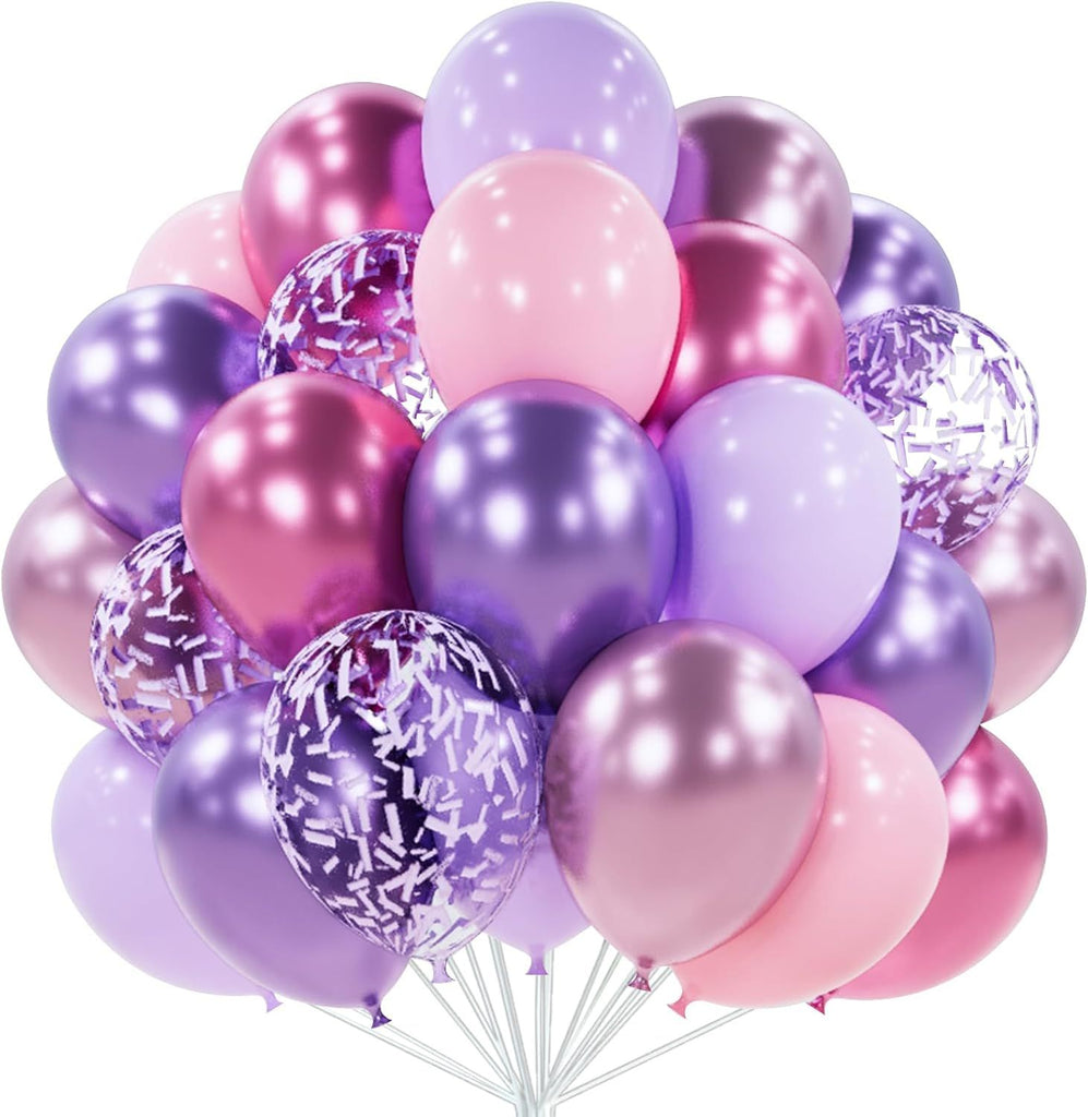 Pink and Purple Balloons 66pcs 12 Inch Baby Pastel Light Metallic Pink Light Purple Lavender Lilac Confetti Balloons for Baby Shower Princess Butterfly Birthday Party Decorations