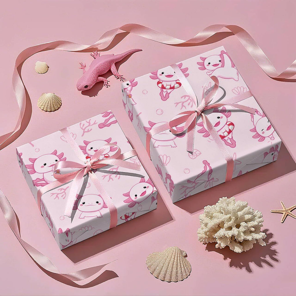 Pink Axolotl Wrapping Paper Roll - Mini Roll - 17 Inch x 16.5 Feet - Cute Little Axolotl and Ocean Wrapping Paper for Kids Girls Birthday, Baby Shower