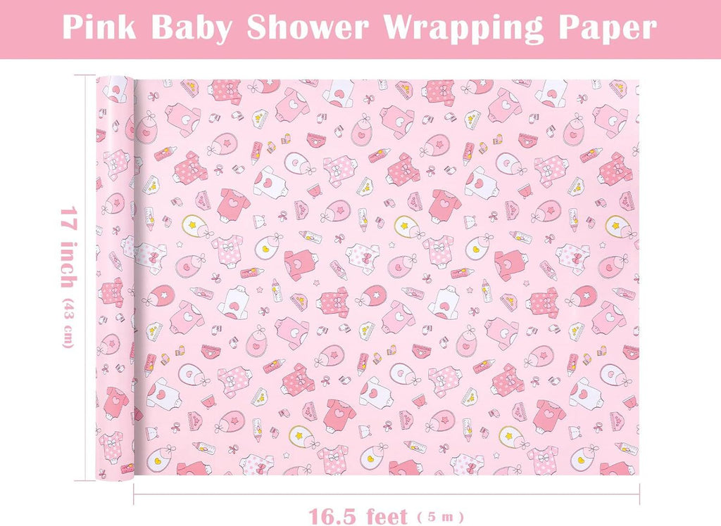 Pink Baby Shower Wrapping Paper - Mini Roll - 17 Inch x 16.5 Feet - Baby Girl Pink Wrapping Paper with Snapsuit and Bottle Design for Gender Reveal Party, Girls Birthday