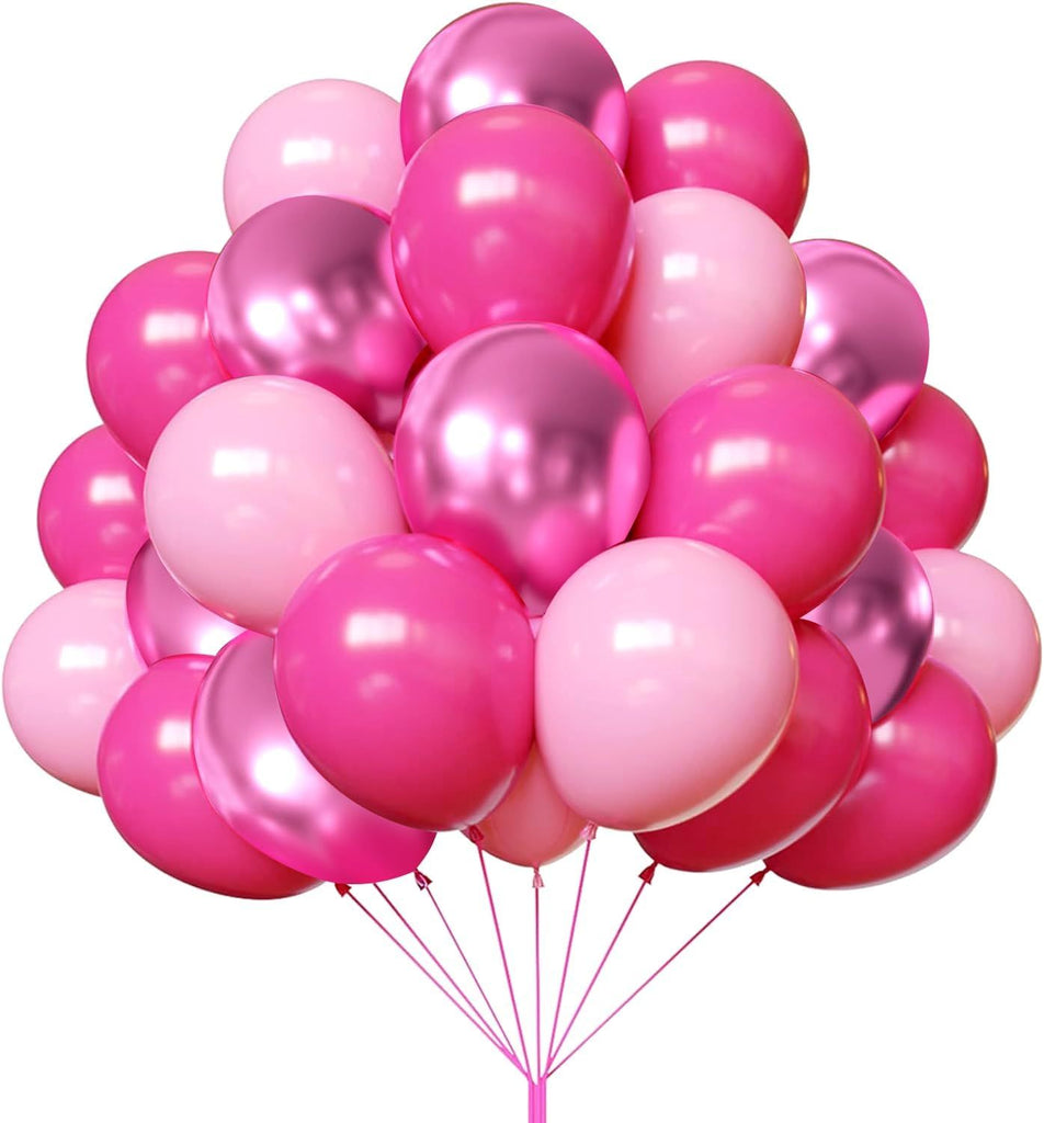Pink Balloons, 67pcs 12 Inch Hot Pink Balloons Metallic Chrome for Birthday, Baby Shower, Wedding, Valentine's Day and Princess Party Decoration