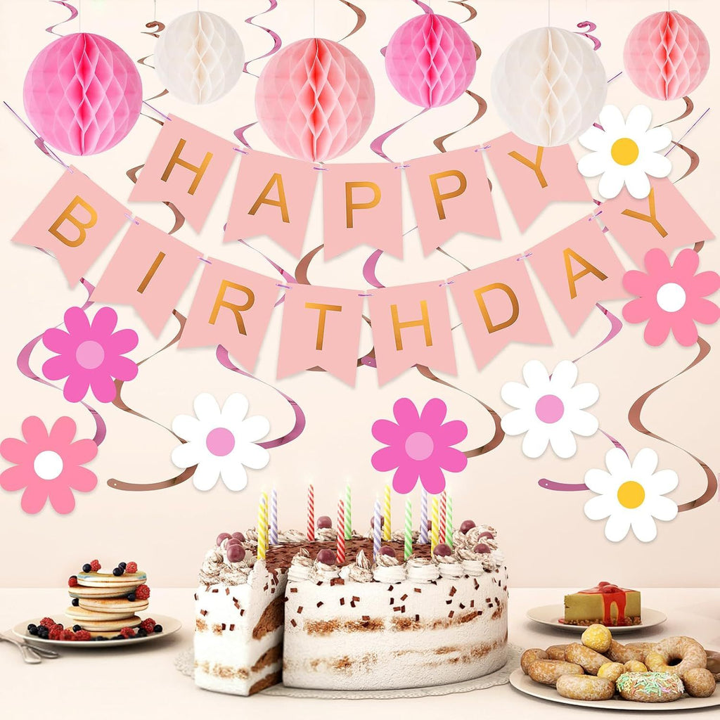 Pink Birthday Decorations - Happy Banner with Honeycomb Ball