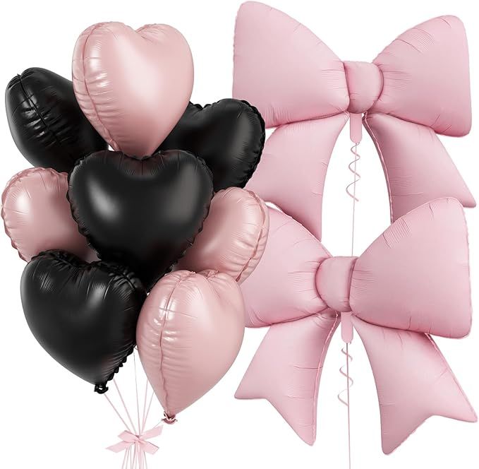 Pink Black Heart Balloons, Baby Pink Bow Balloons, 10Pcs 18 Inch Heart Shaped Balloon and 38 Inch Helium Bow Foil Balloon for Girls Women Birthday Valentines Baby Shower Bridal Wedding Party Decor