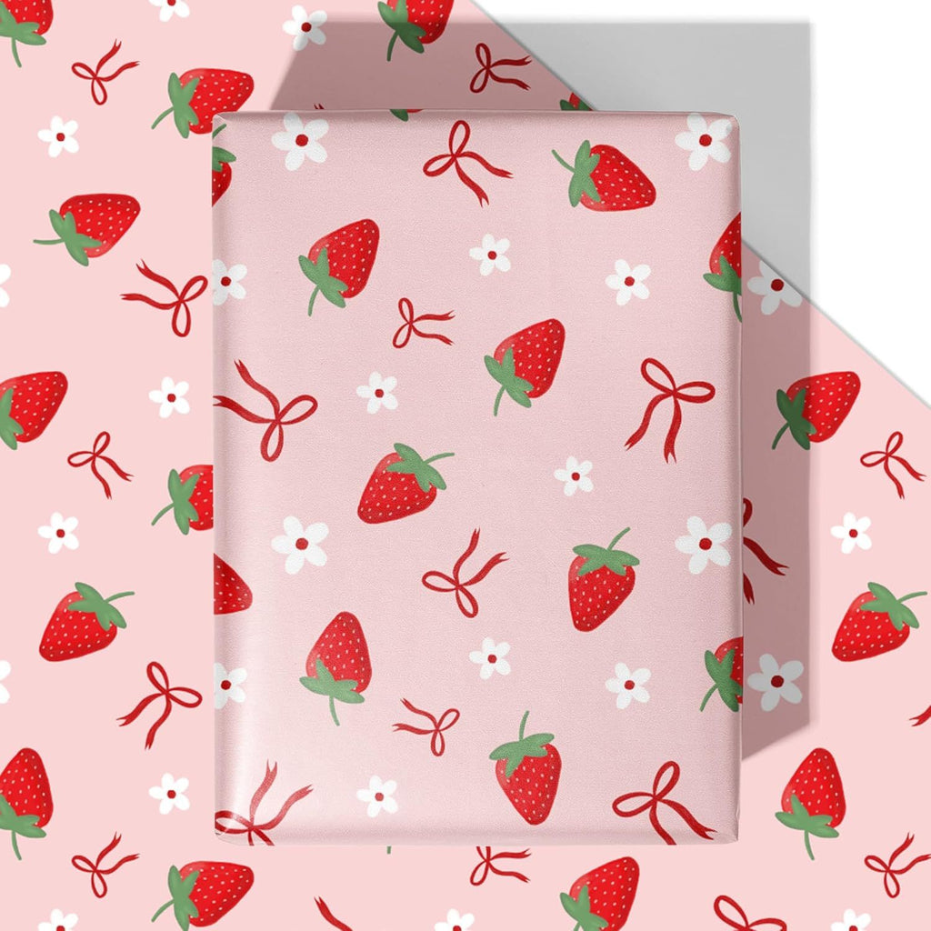 Pink Bow Strawberry Wrapping Paper - 4 Jumbo Sheets, 28 * 40 Inches - Ribbon Bow Floral Gift Wrapping Paper, Perfect for Girls Birthdays, Baby Showers, Christmas, Weddings, Valentine's Day