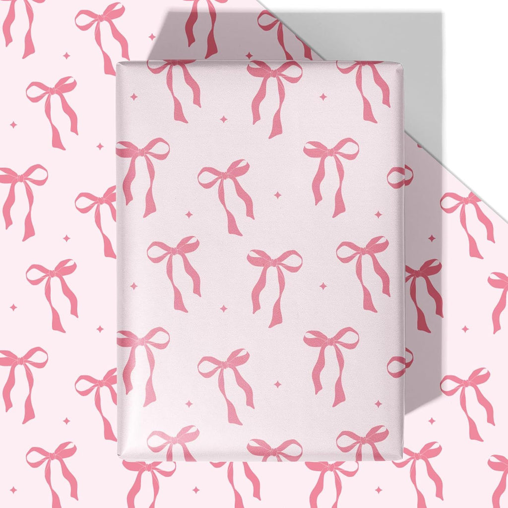 Pink Bow Wrapping Paper - 4 Jumbo Sheets, 28 * 40 Inches - Pink Ribbon Bow Gift Wrapping Paper, Perfect for Girls Birthdays, Baby Showers, Christmas, Weddings, Valentine's Day