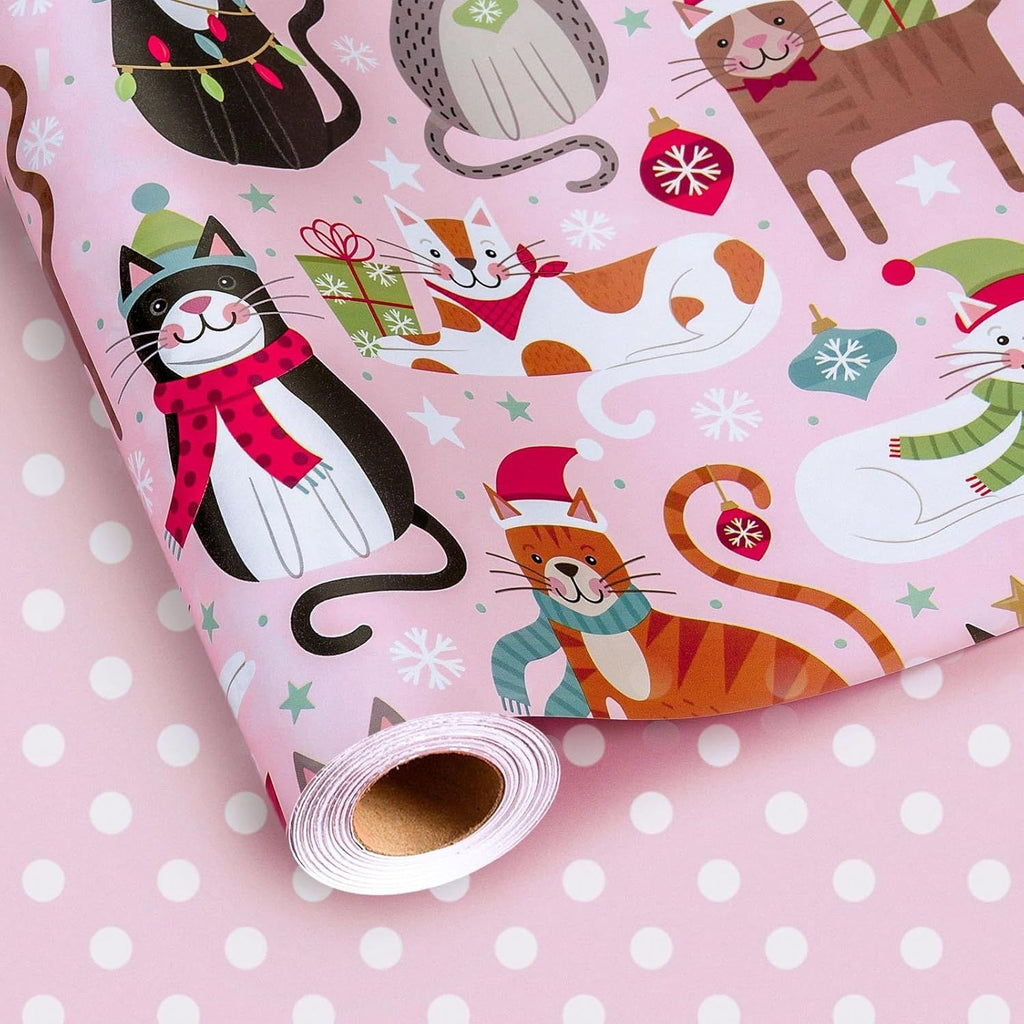 Pink Cat Christmas Wrapping Paper Roll - Cute Cats with Christmas Decorations & Polka Dot Reversible Gift Wrap for Christmas, New Year Celebration, Cat Lover - Mini Roll - 17 Inch x 33 Feet
