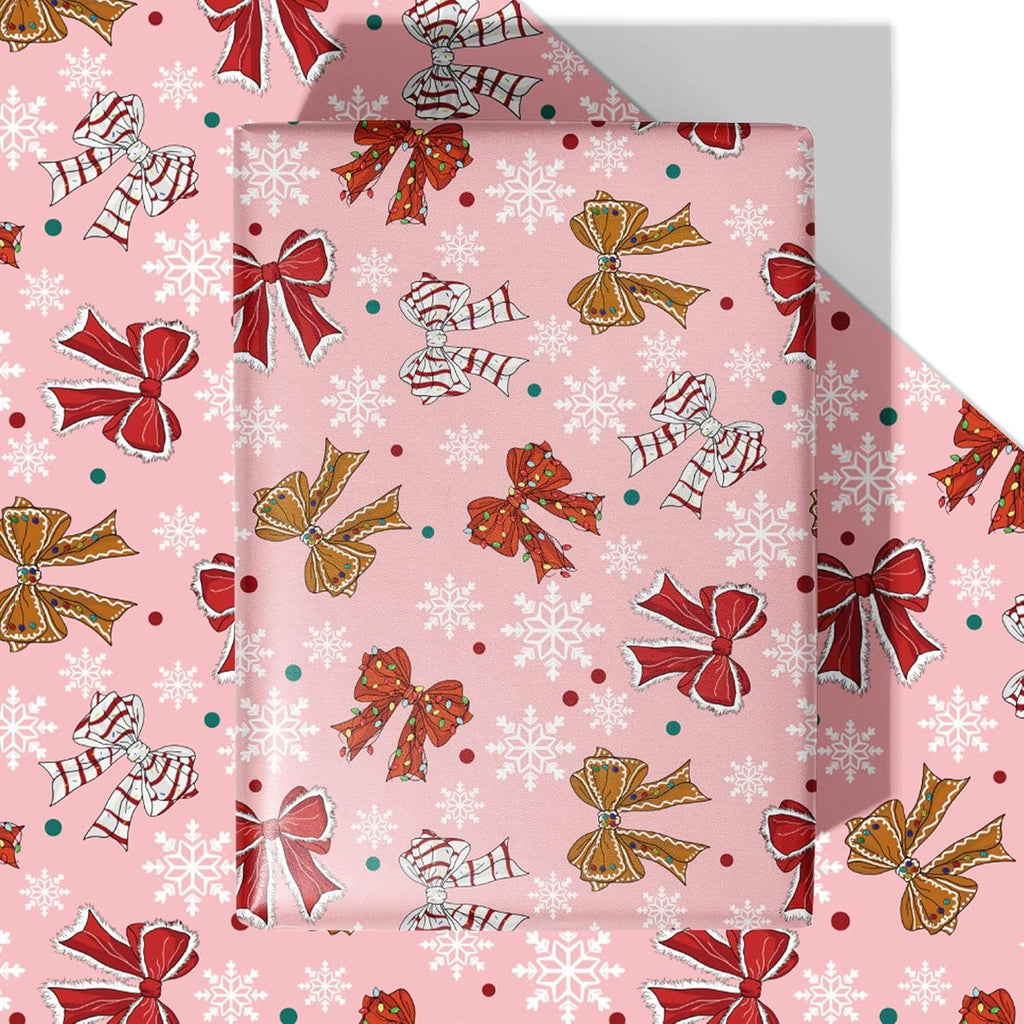 Pink Christmas Bow Wrapping Paper - 4 Jumbo Sheets, 28 * 40 Inches - Pink Gingerbread Bow Xmas Gift Wrapping Paper, Perfect for Girls Christmas, Birthdays, and Winter Celebrations
