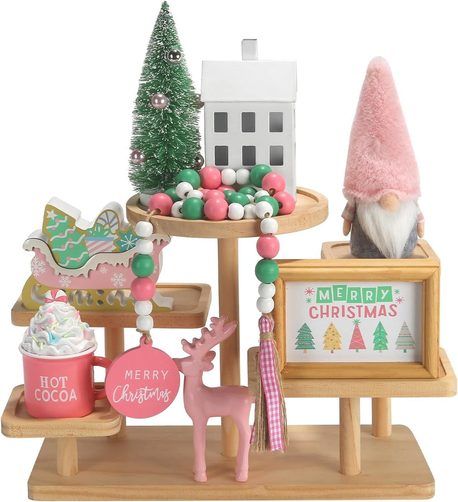 Pink Christmas Decorations 8 PCS Tiered Tray Decor Set, Cute Girlie Tabletop Christmas Decor for Home Shelf Mantel Fireplace Office Desk Coffee Bar Pastel Xmas Holiday Table Centerpieces Tray Objects