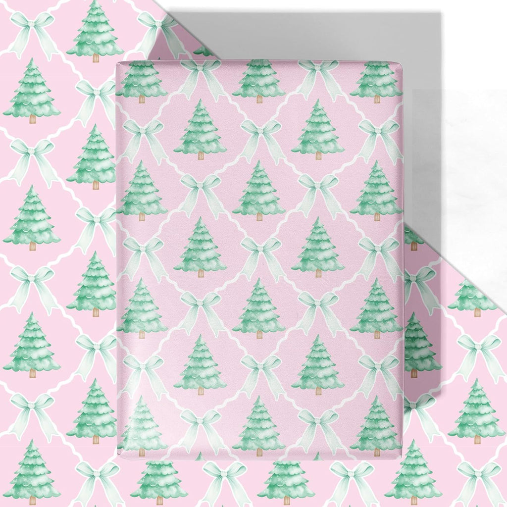 Pink Christmas Tree Wrapping Paper - 4 Jumbo Sheets, 28 * 40 Inches - Pink Bow Xmas Gift Wrapping Paper, Perfect for Girls Christmas, Birthdays, and Winter Celebrations