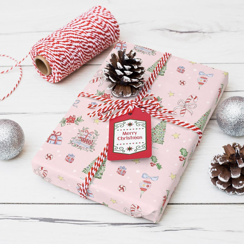 Pink Christmas Wrapping Paper - 4 Jumbo Sheets, 28 * 40 Inches - Girls Xmas Tree Gift Wrapping Paper with Candy Canes, Perfect for Girls Christmas, Birthdays, and Winter Celebrations