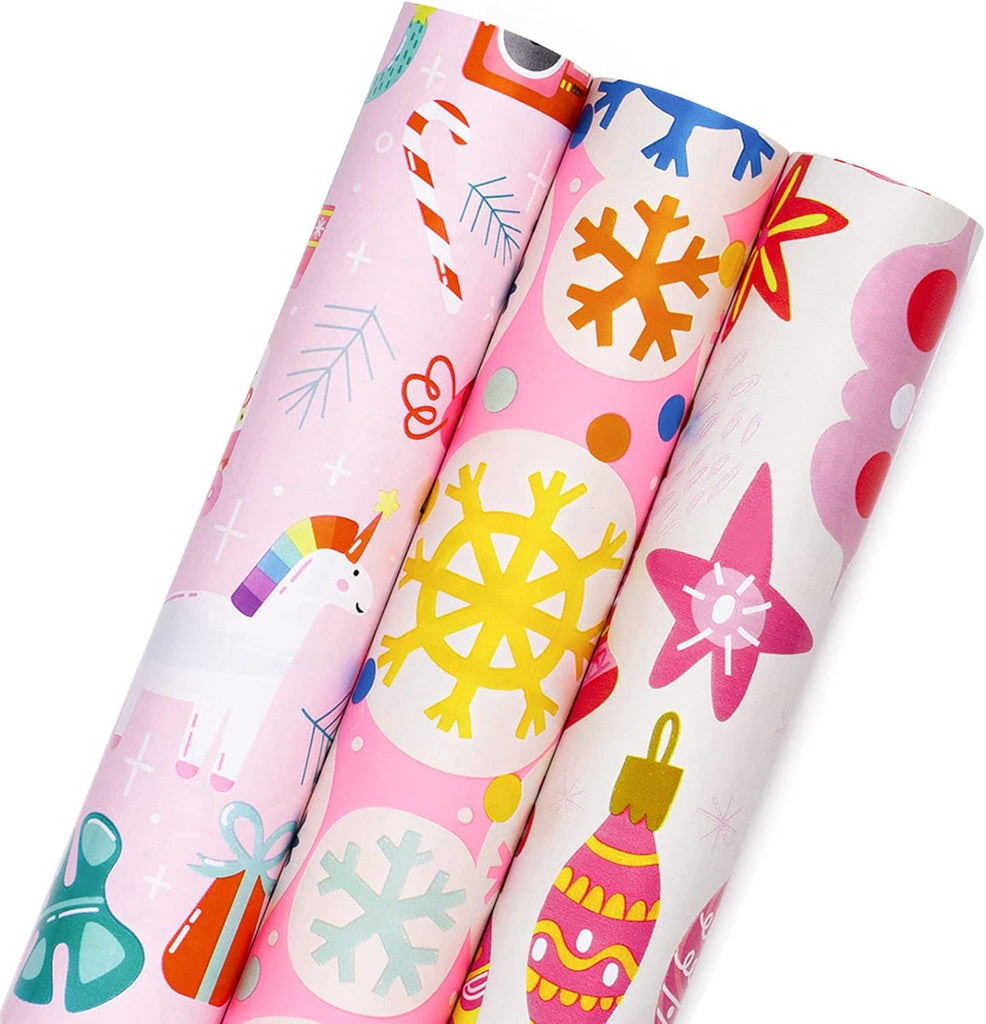 Pink Christmas Wrapping Paper - Mini Roll - 17in x 120 in Per roll - Pink White Snowfakes, Unicorn,Bell for Xmas Gift Wrap Retro Christmas Ornaments,for Holiday, New Year (46.8sq.ft)