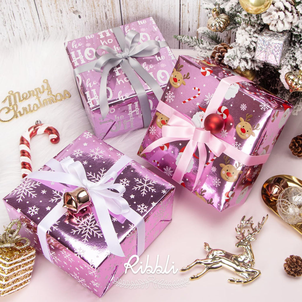 Pink Christmas Wrapping Paper 3 Rolls Metallic Foil Shine Santa Snowflake Hoho Gift Wrapping Paper, Mini Roll-17 Inch x 10 Feet Per roll