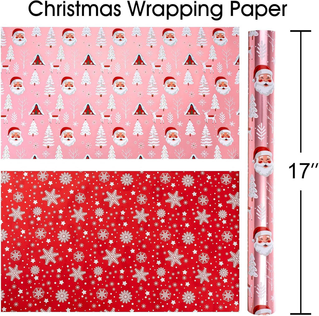 Pink Christmas Wrapping Paper, Girl Christmas Gift Wrap, Reversibe Santa Claus Snowy Forest Design w/Metallic Foil Shine Holiday Wrapping Paper for Winter Celebrations (17 Inch X 33 Feet)