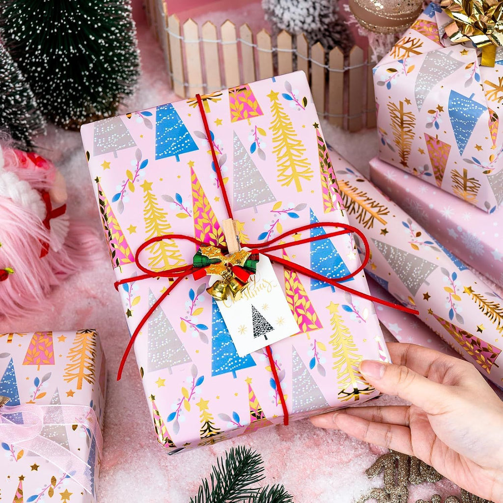 Pink Christmas Wrapping Paper, Reversible Christmas Gift Wrap, Metallic Foil Tree, Snowflake Theme Girl Pink Wrapping Paper for Gift Packaging, Holiday Present (Mini Roll, 17 Inch X 33 Feet)