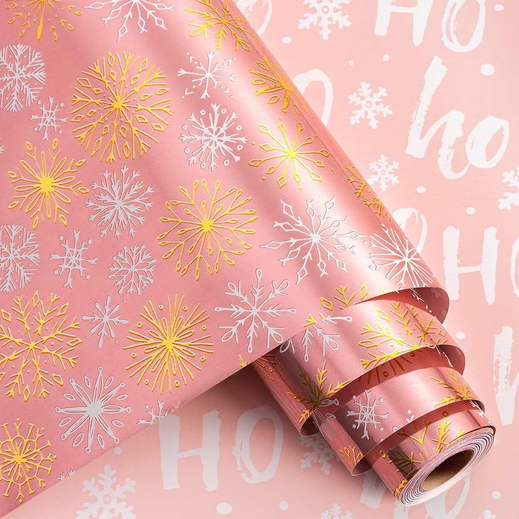 Pink Christmas Wrapping Paper Roll - 17IN X 33FT - Christmas Gift Wrapping Paper Featuring Gold and White Snowflake Reversible HO for Kids, Holiday, New Year