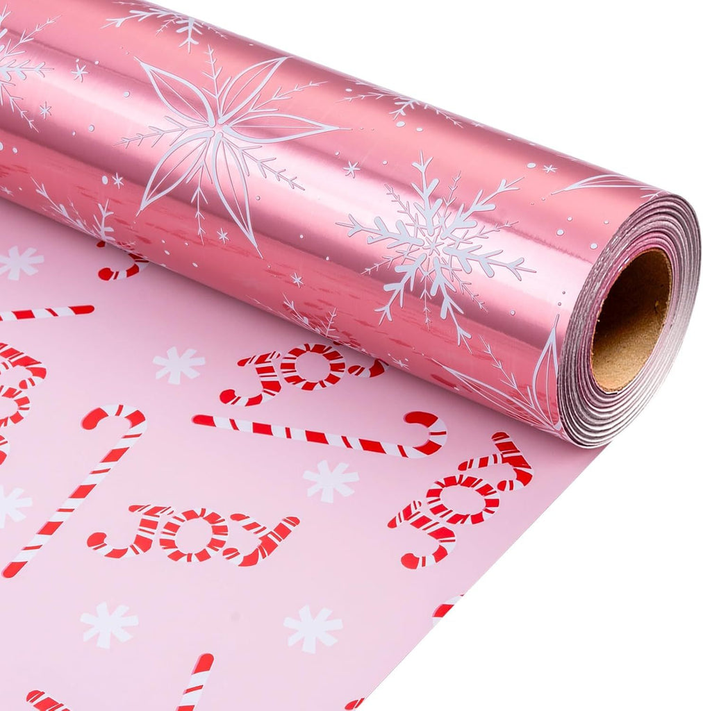 Pink Christmas Wrapping Paper Roll - 17IN X 33FT - Christmas Gift Wrapping Paper Featuring White Snowflake Reversible Candy Cane for Kids, Holiday, New Year