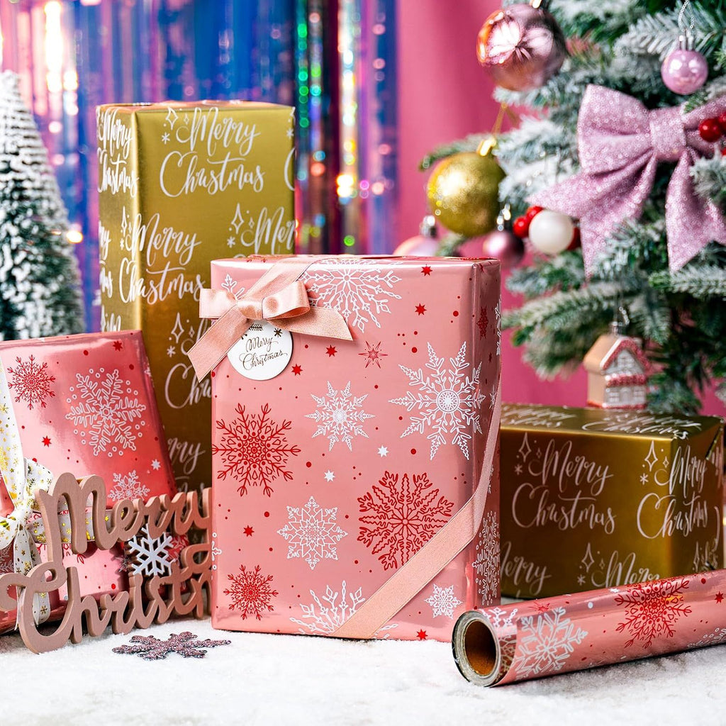 Pink Christmas Wrapping Paper Roll - 17IN X 33FT - Christmas Gift Wrapping Paper Featuring White Snowflake Reversible Gold for Kids, Holiday, New Year