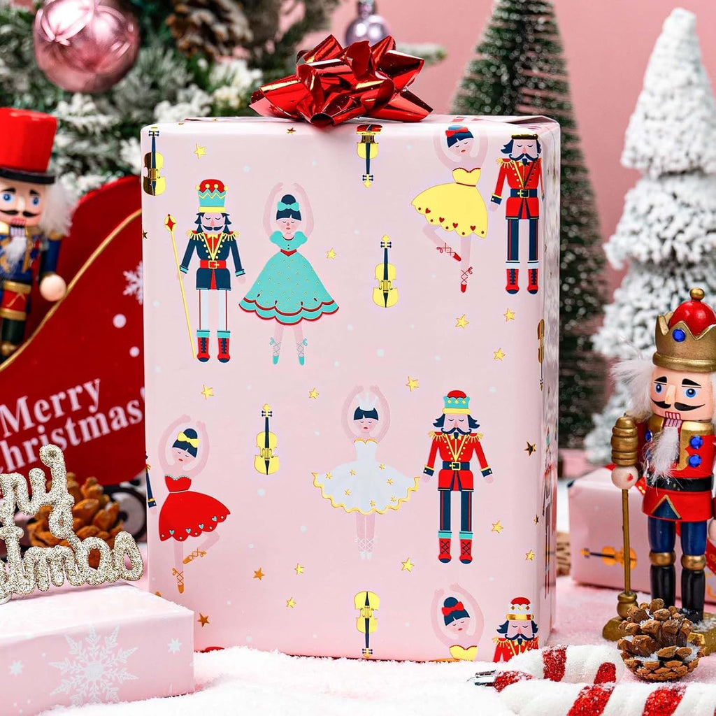 Pink Christmas Wrapping Paper Roll - 17IN X 33FT - Christmas Nutcracker Gift Wrapping Paper Featuring Ballet Guitar Gold Star Reversible Snowflake for Kids, Holiday, New Year