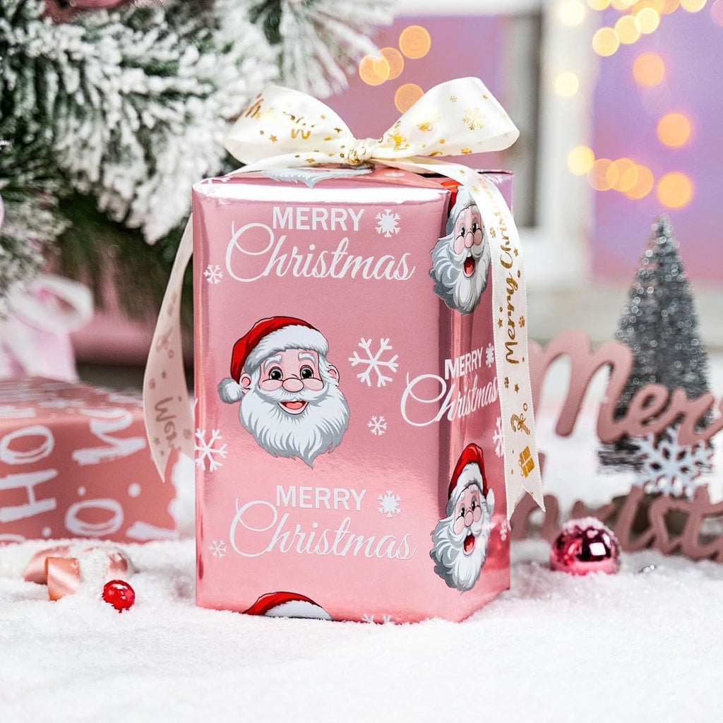 Pink Christmas Wrapping Paper Roll - 17IN X 33FT - Santa Claus Gift Wrapping Paper Featuring Merry Christmas Snowflake Reversible HO for Kids, Holiday, New Year