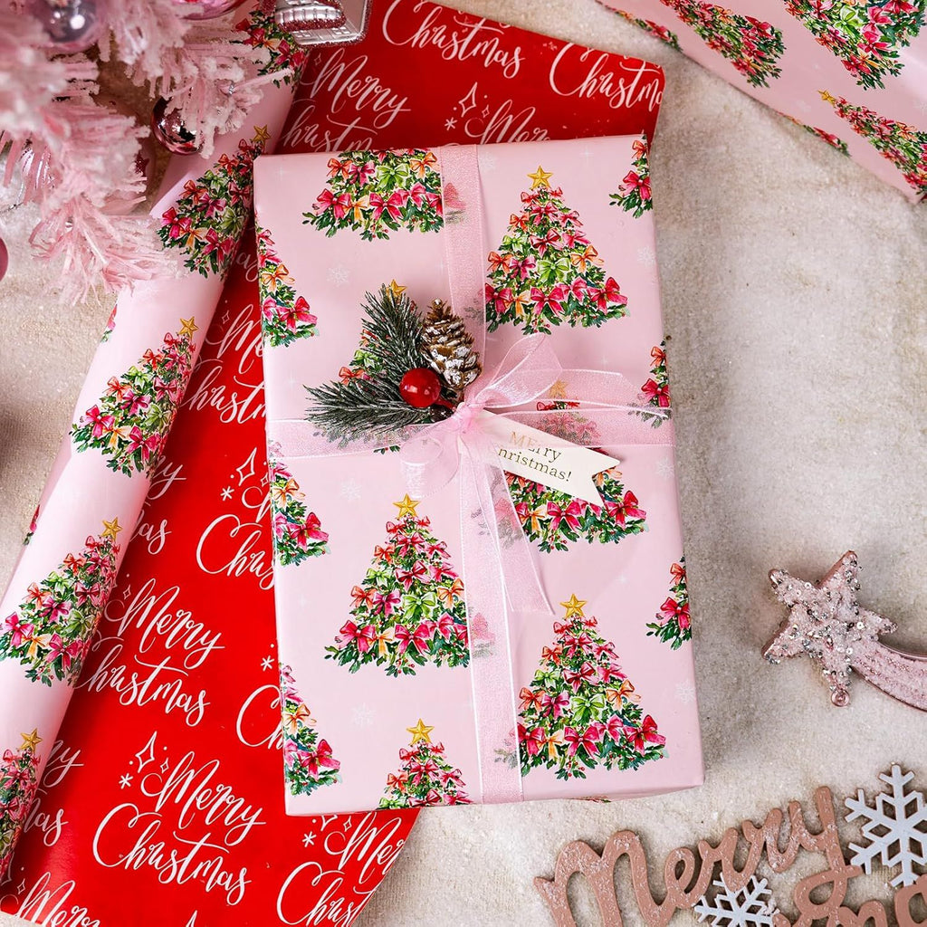 Pink Christmas Wrapping Paper Roll - Green Trees with Bows & Red Merry Letters Reversible Gift Wrap for Christmas, New Year Celebration, Holiday - Mini Roll - 17 Inch x 33 Feet