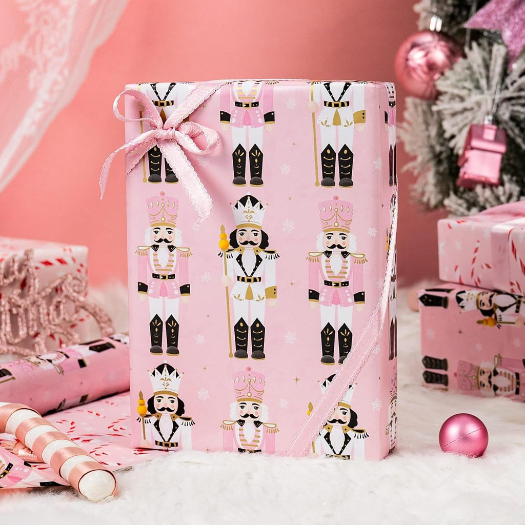 Pink Christmas Wrapping Paper Roll - Metallic Foil Shine Nutcracker & Candy Cane Reversible Gift Wrap for Christmas, New Year Celebration, Holiday, Party - Mini Roll - 17 Inch x 33 Feet