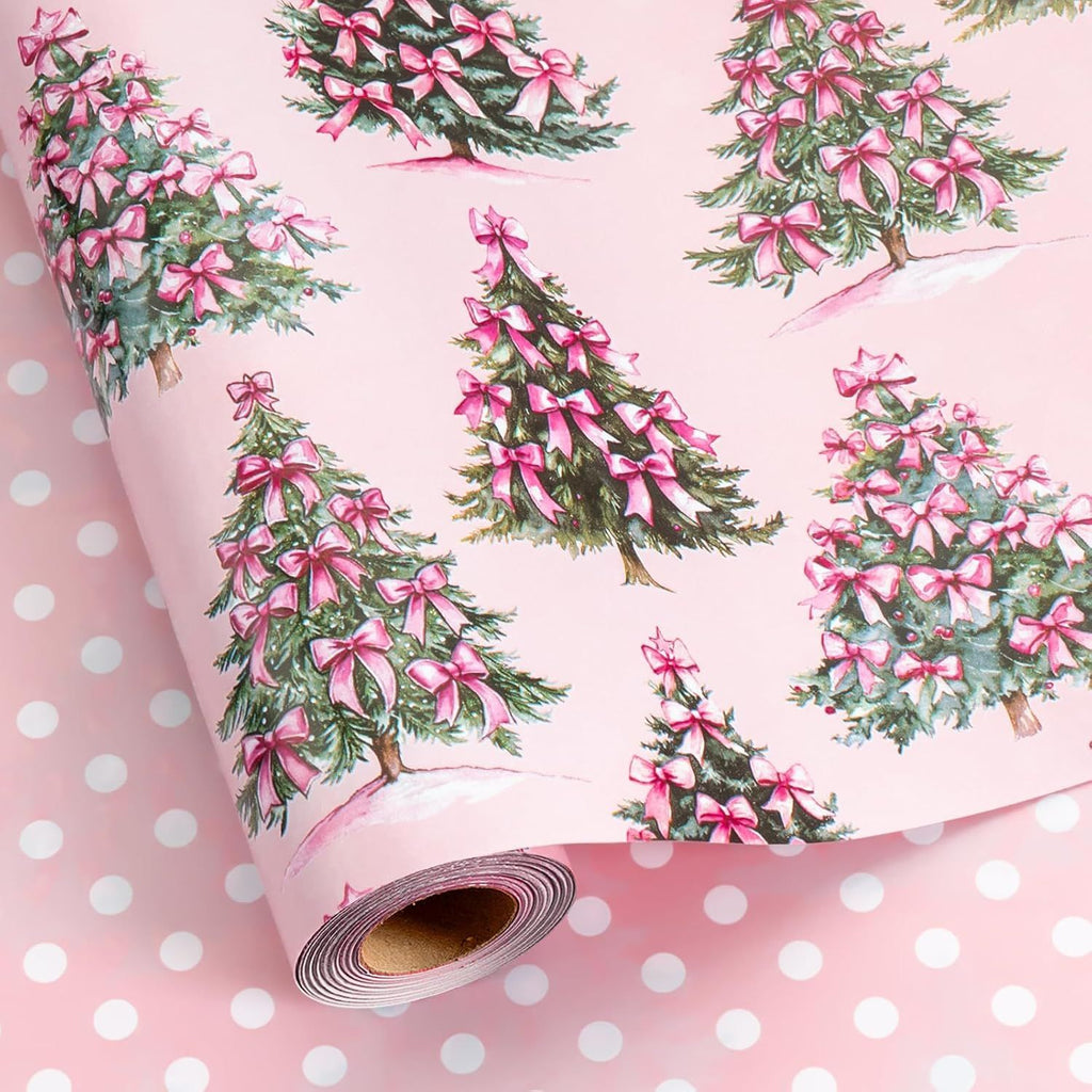 Pink Christmas Wrapping Paper Roll, Girly Wrapping Paper, Elegant Christmas Tree With Pink Bows Gift Wrap for Gift Packaging, Holiday Present (Mini Roll, 17 Inch X 33 Feet)
