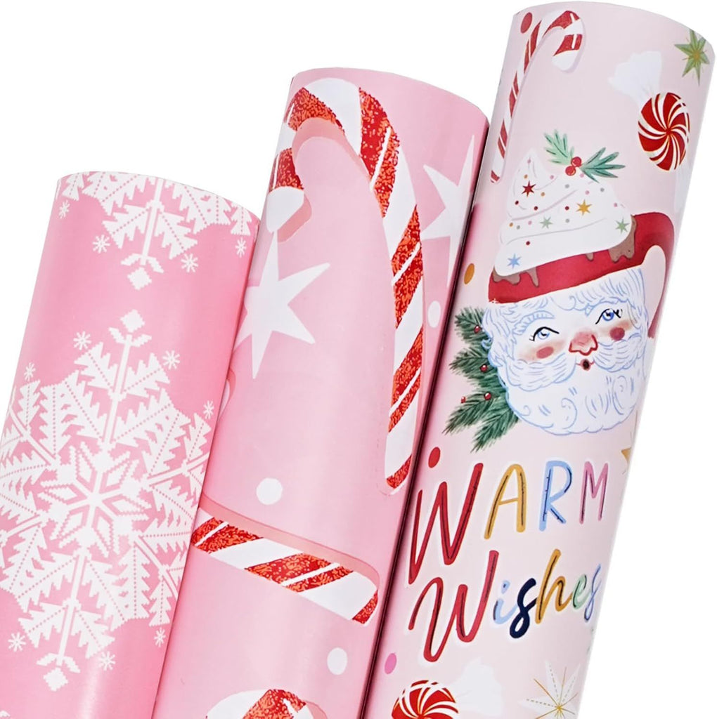 Pink Christmas Wrapping Paper Rolls - Candy Cane/Snowflake/Santa Claus Design for Holiday, Xmas, Party - 17" x10' Per Roll (3 Rolls, 42 sq.ft. ttl.)