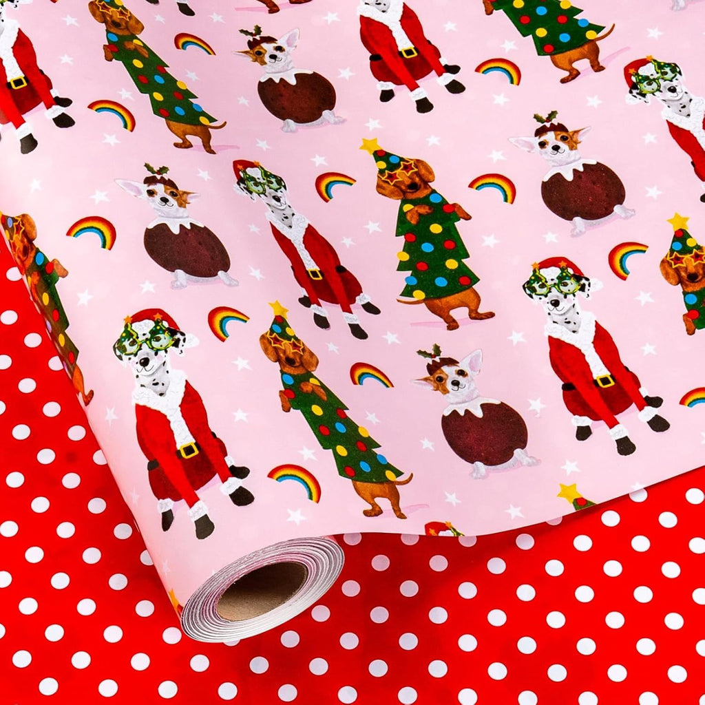 Pink Dog Christmas Wrapping Paper Roll - Cute Dogs with Christmas Decorations, Rainbow & Red Polka Dot, Reversible Gift Wrap for Christmas, New Year Celebration - Mini Roll - 17 Inch x 33 Feet