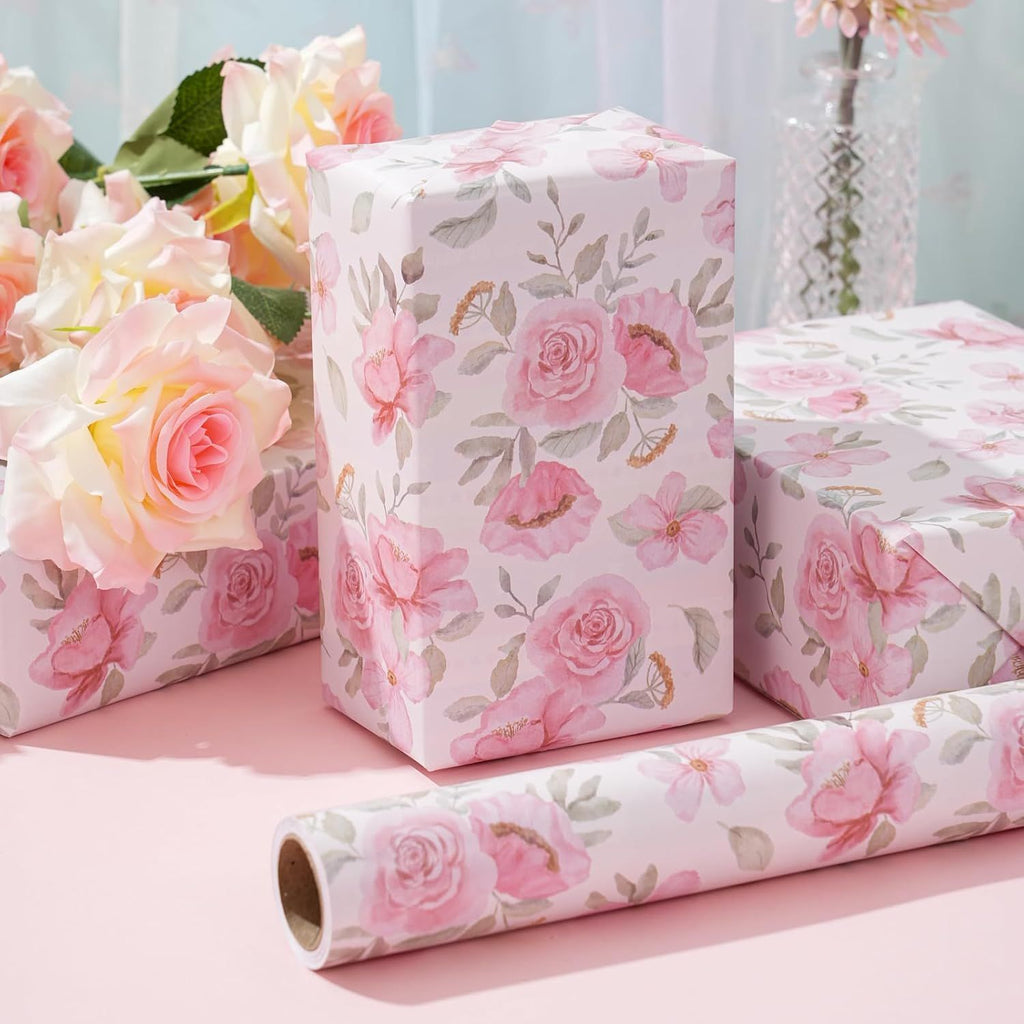 Pink Floral Wrapping Paper Roll - Watercolor peonies and leaves Design, 17 Inches x 16.5 Feet, Gift Wrap for Wedding, Bridal Shower, Birthday, Mother's Day, Cut Lines on Back