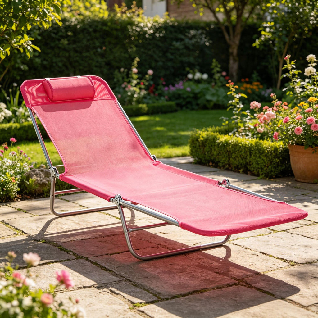 Pink Folding Chaise Lounge Chair Outdoor Reclining Sun Tanning Chair with Breathable Mesh Seat And Headrest for Beach Yard Patio