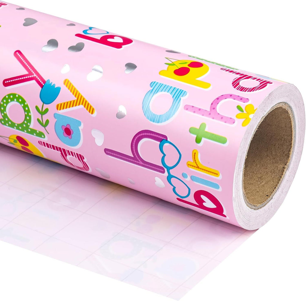 Pink Girls Birthday Wrapping Paper - Mini Roll - 17 Inch x 16.5 Feet - Colorful Happy Birthday Wrapping Paper With Silver Foil Hearts Design for Kids Girls, Baby Shower