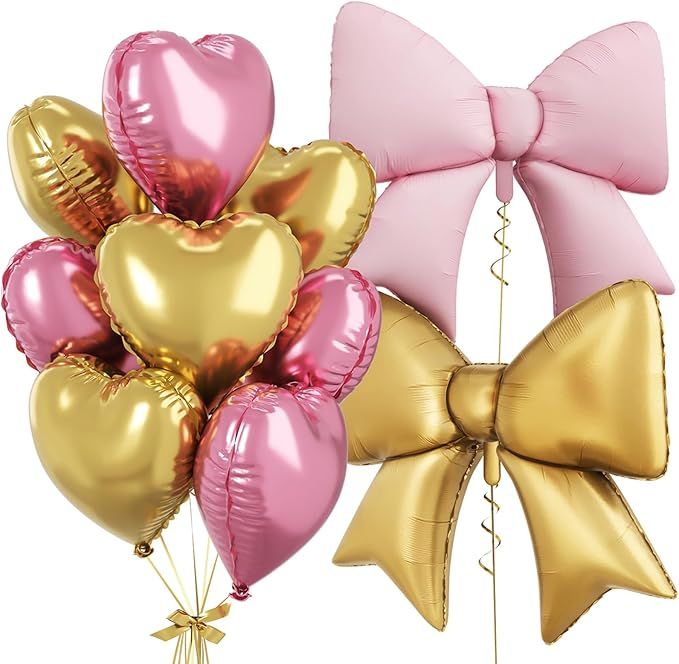 Pink Gold Heart Balloons, Foil Bow Balloons, 10Pcs 18 Inch Heart Shaped Balloon and 38 Inch Helium Gold and Pink Bow Foil Balloon for Girl Birthday Valentines Baby Shower Wedding Anniversary Decor