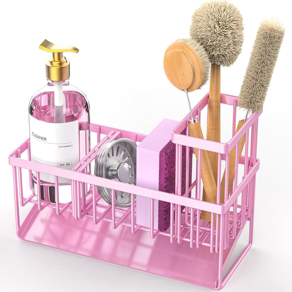Pink Kitchen Sink Caddy Organzier with High Brush Holder, Sponge Holder for Sink, 304 Rustproof Stainless, Kitchen Countertop Soap Dispenser Organizer