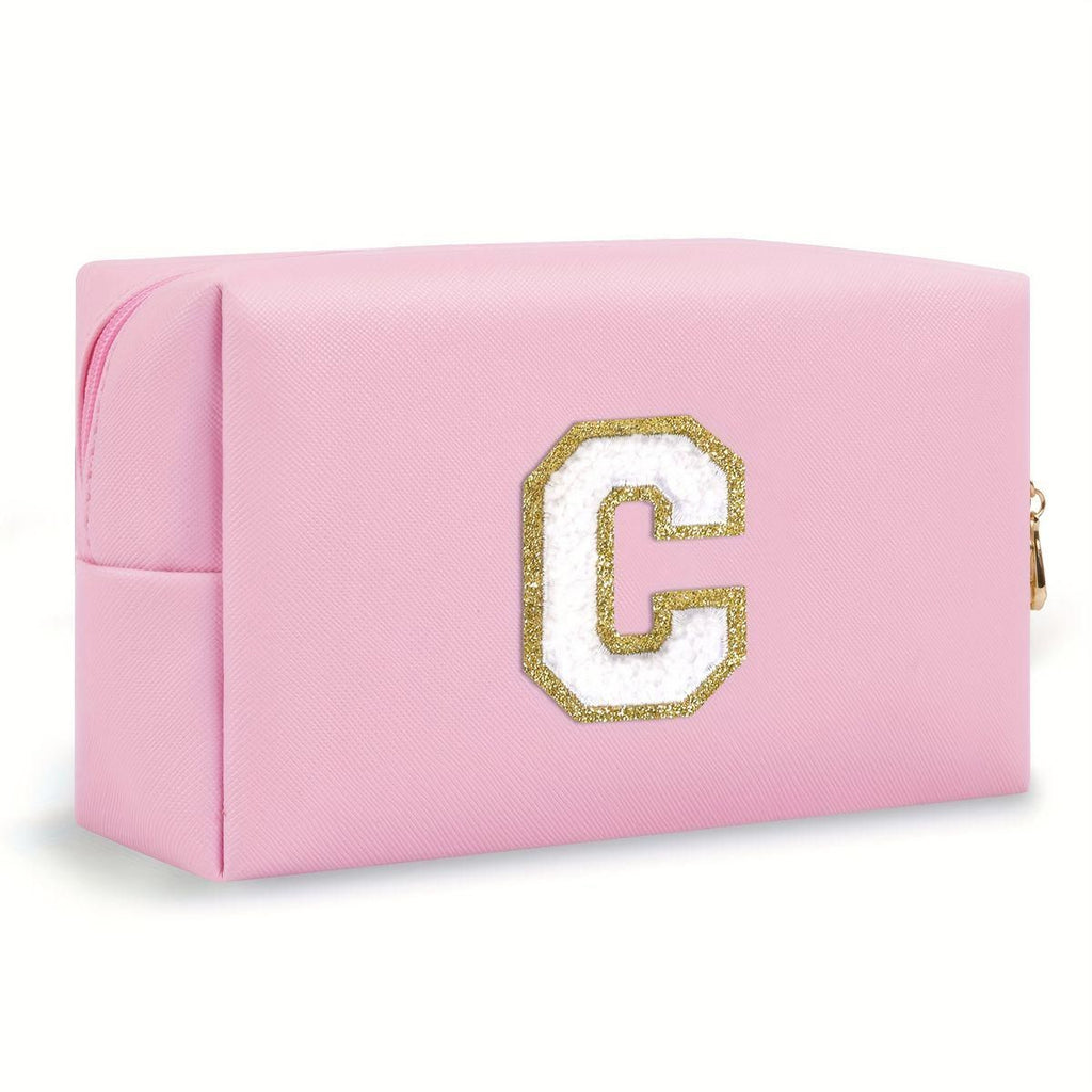 Pink lightweight nylon makeup bag with chenille letter patch