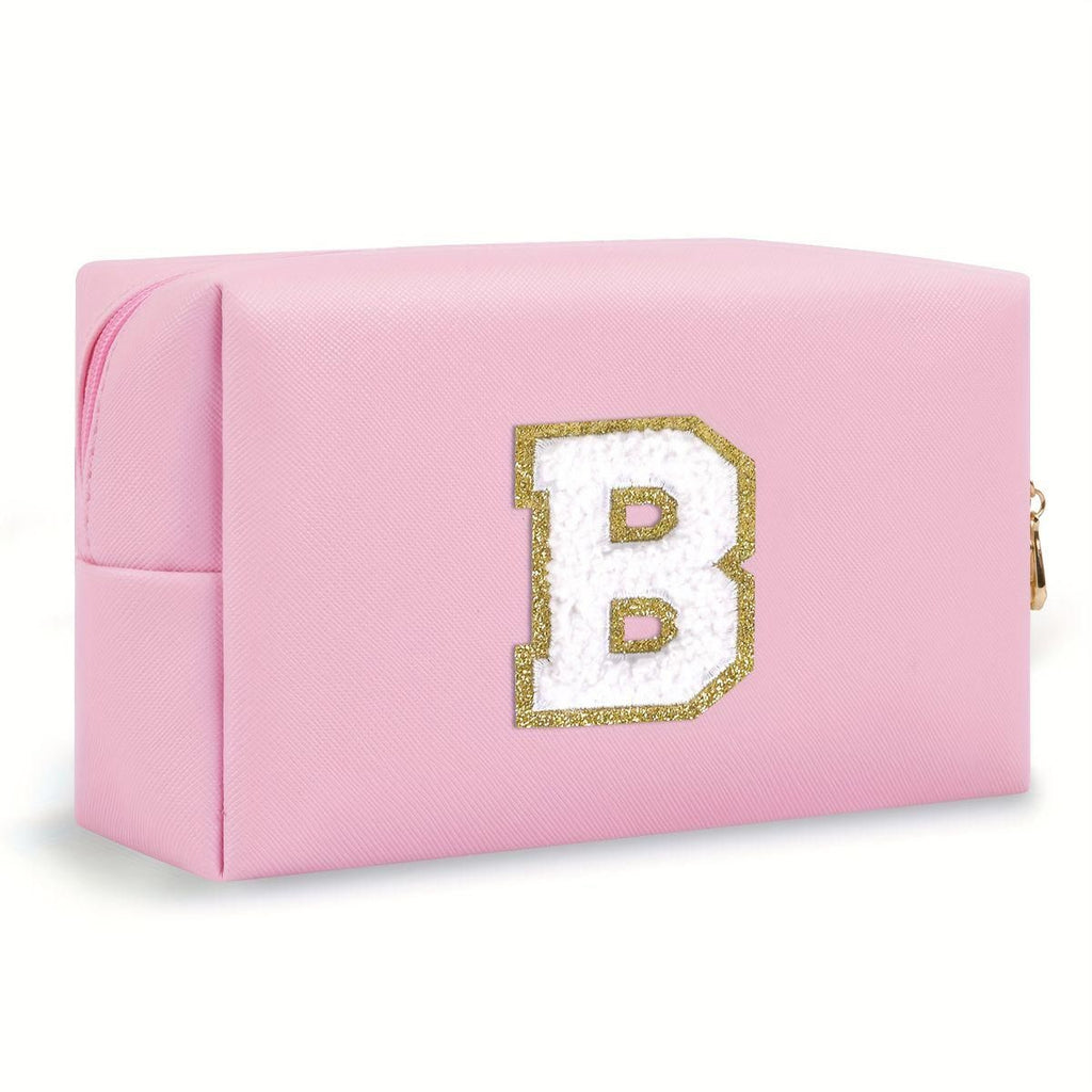 Pink lightweight nylon makeup bag with chenille letter patch