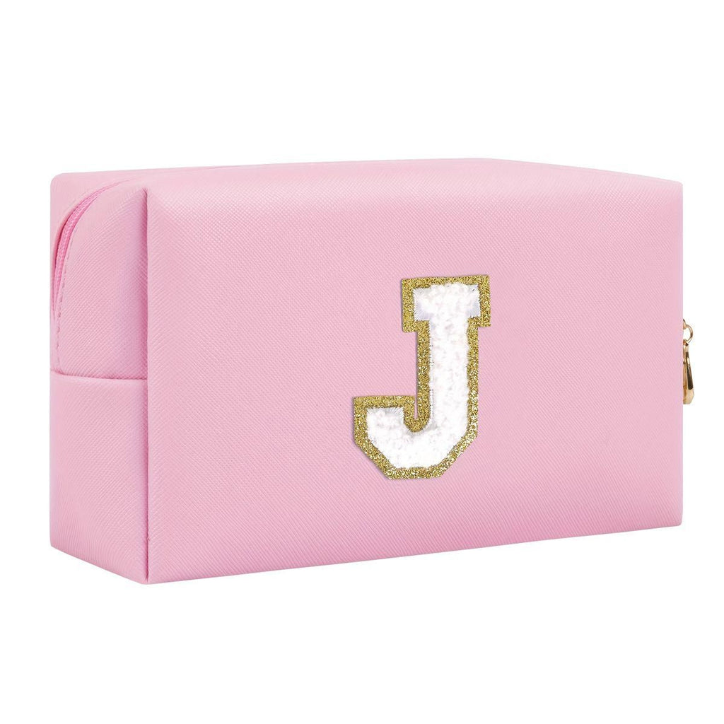 Pink lightweight nylon makeup bag with chenille letter patch