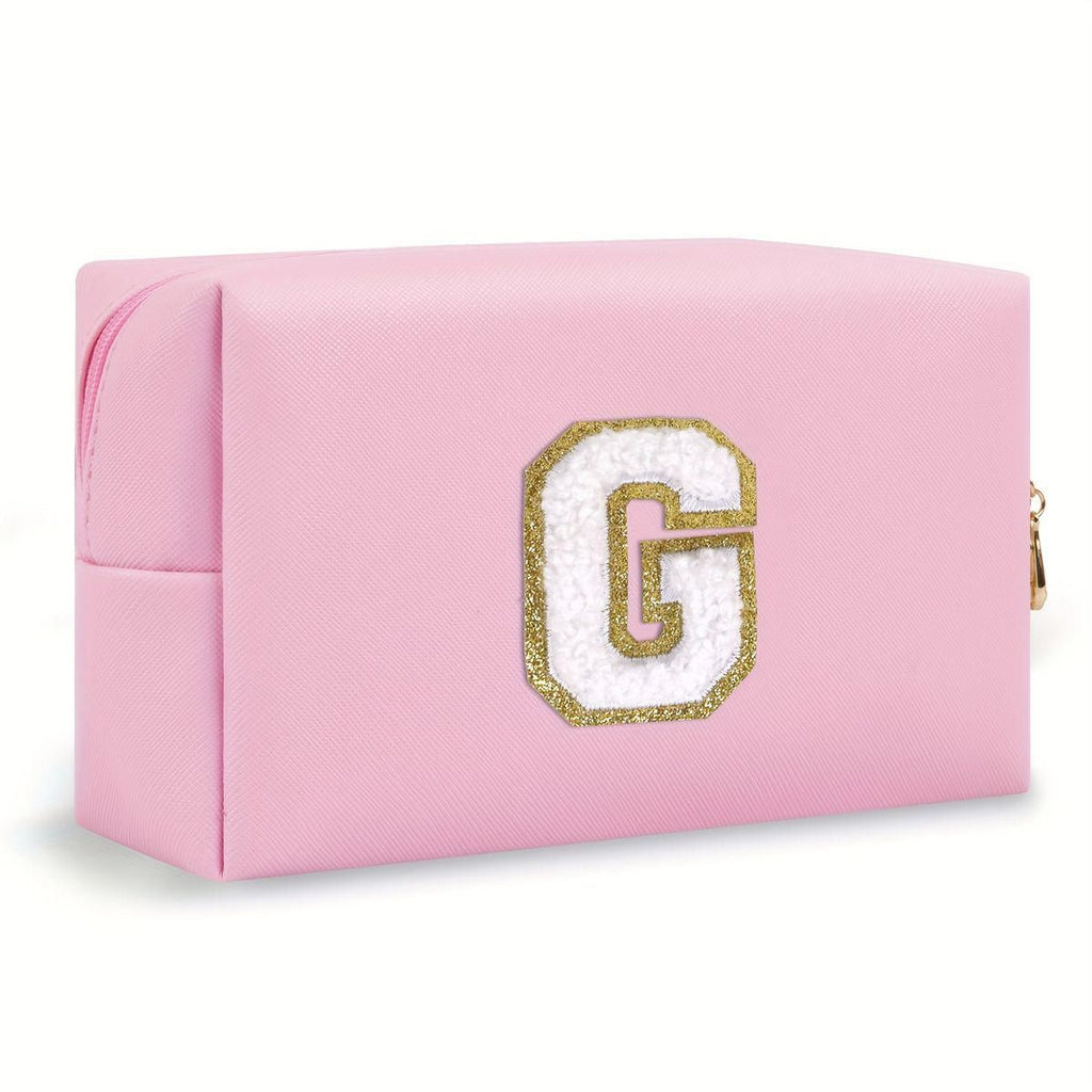 Pink lightweight nylon makeup bag with chenille letter patch