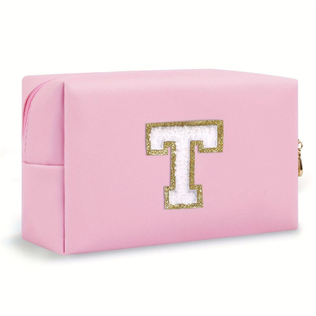 Pink lightweight nylon makeup bag with chenille letter patch