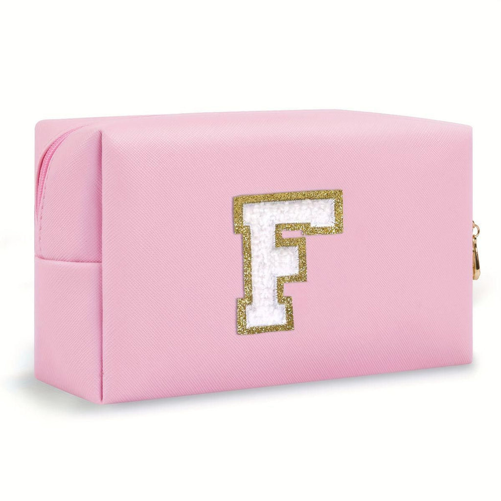 Pink lightweight nylon makeup bag with chenille letter patch