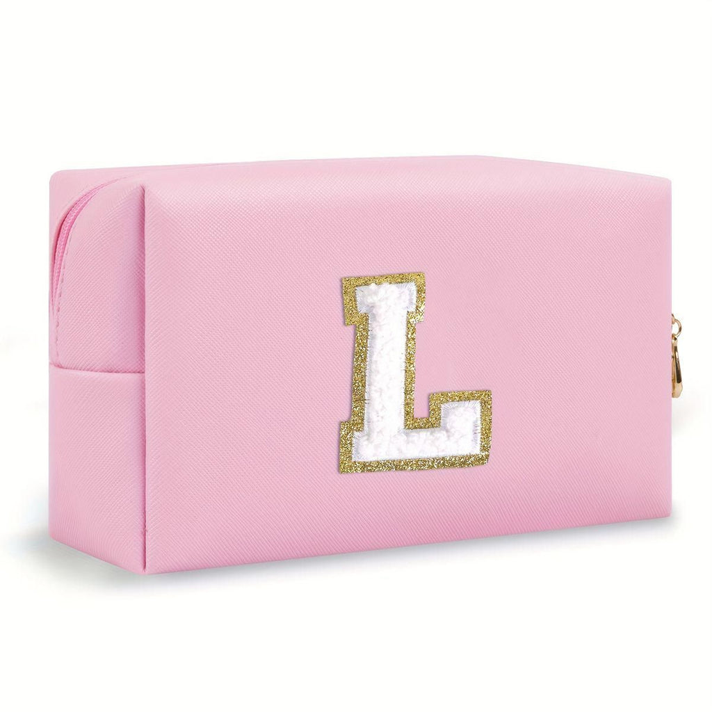 Pink lightweight nylon makeup bag with chenille letter patch