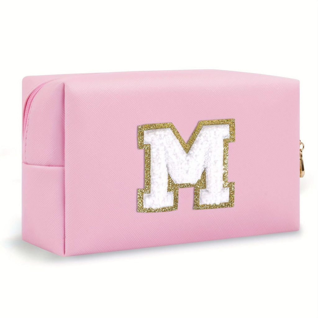 Pink lightweight nylon makeup bag with chenille letter patch