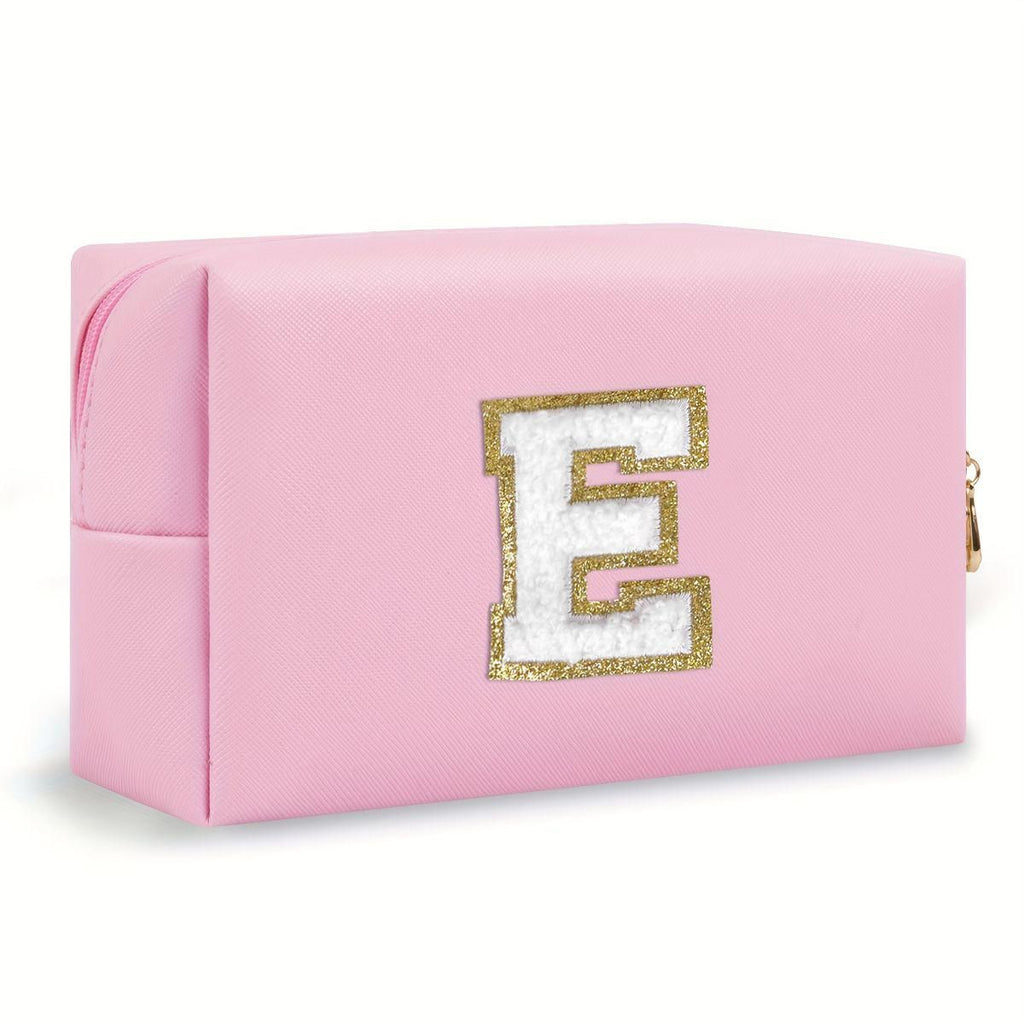 Pink lightweight nylon makeup bag with chenille letter patch