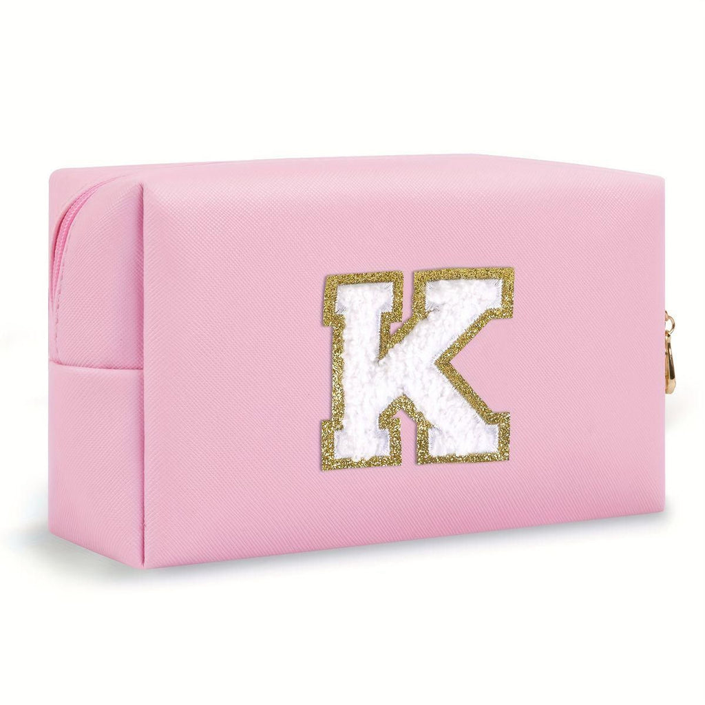 Pink lightweight nylon makeup bag with chenille letter patch