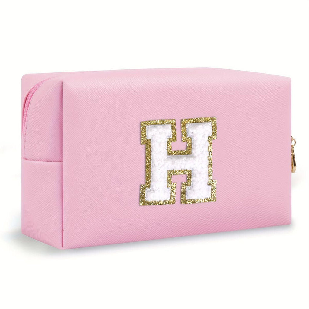 Pink lightweight nylon makeup bag with chenille letter patch